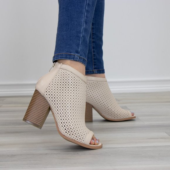Shoes - Off White Perforated Heeled Open Toe Ankle Boots